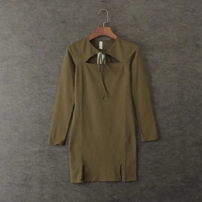 Новое модное женское платье-футляр с длинным рукавом и воротником на завязках