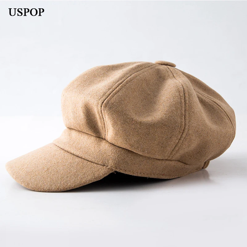 

USPOP Hot women wool Octagonal Hats female newsboy caps Solid color visor caps thick warm winter wool hats berets