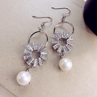 fashion flower design zircon circle drop earrings with white cubic zircon women bride wedding jewelry