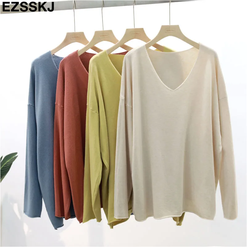 High Quality V-NECK spring autumn oversized Sweater Pullover Women big size Solid Knitted casual Female lazy | Женская одежда