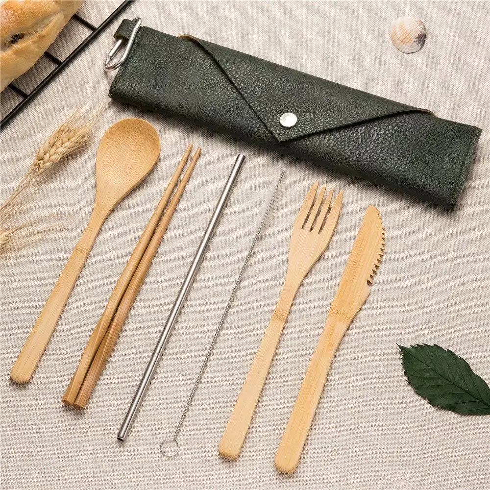 Набор посуды для путешествий, кемпинга, бамбуковый набор столовых приборов, многоразовая металлическая соломинка, деревянная столовая вилка, ложка, набор ножей, переносная сумка