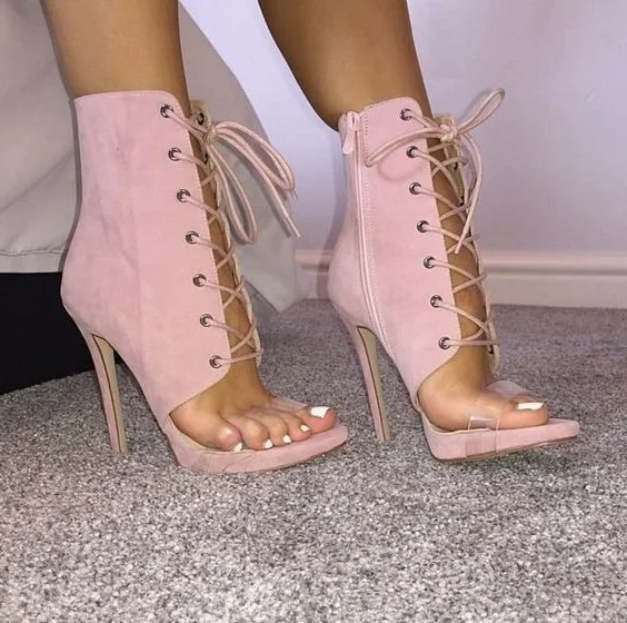 Женские розовые замшевые босоножки на шнуровке Открытый носок ремни из ПВХ