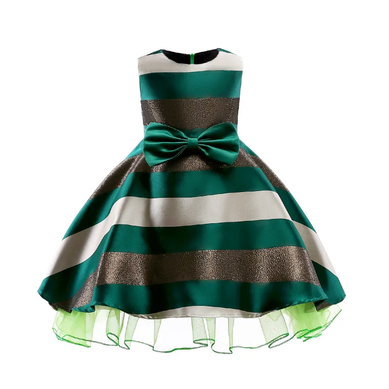 Girl lace bow ball gown dresses children's performance clothing sleeveless striped baby kids party wedding formal dress | Детская