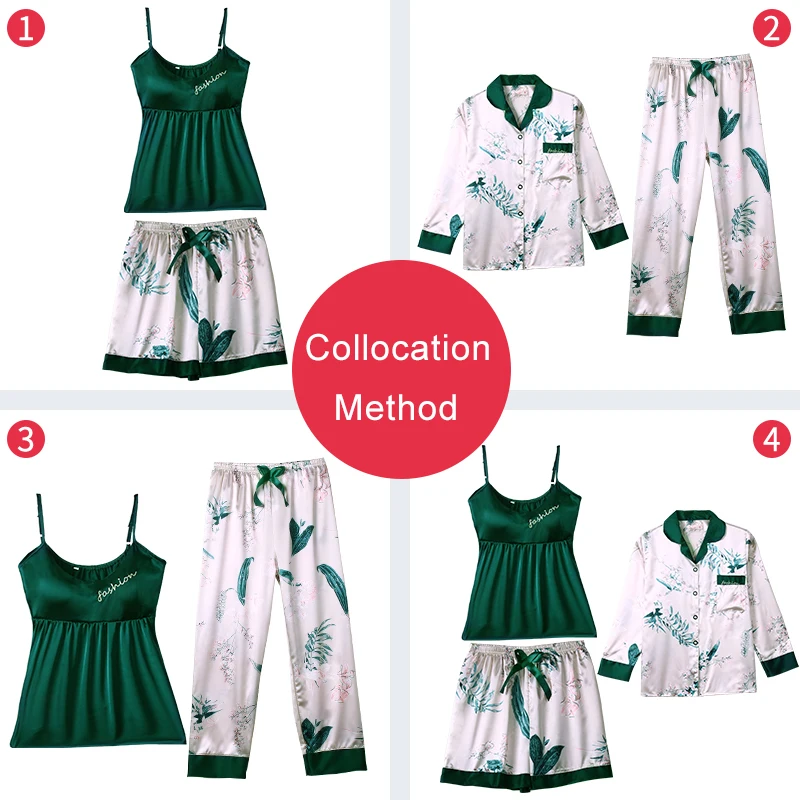 

Women Faux Silk Pajamas 7 pieces Set Print Long Sleeves Button Sleepwear Ladies Summer Thin Pyjamas 7pcs/set