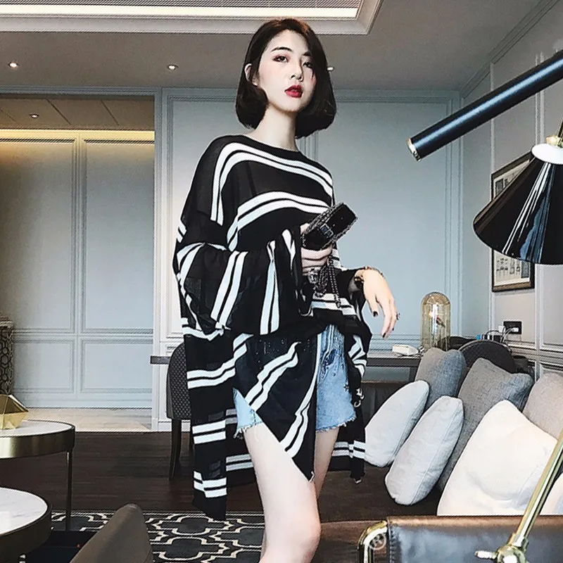 TWOTWINSTYLE Thin Knitting Sweater Female Batwing Sleeve Hollow Out Oversize Split Long Pullover Spring Fashion Casual Clothing | Женская