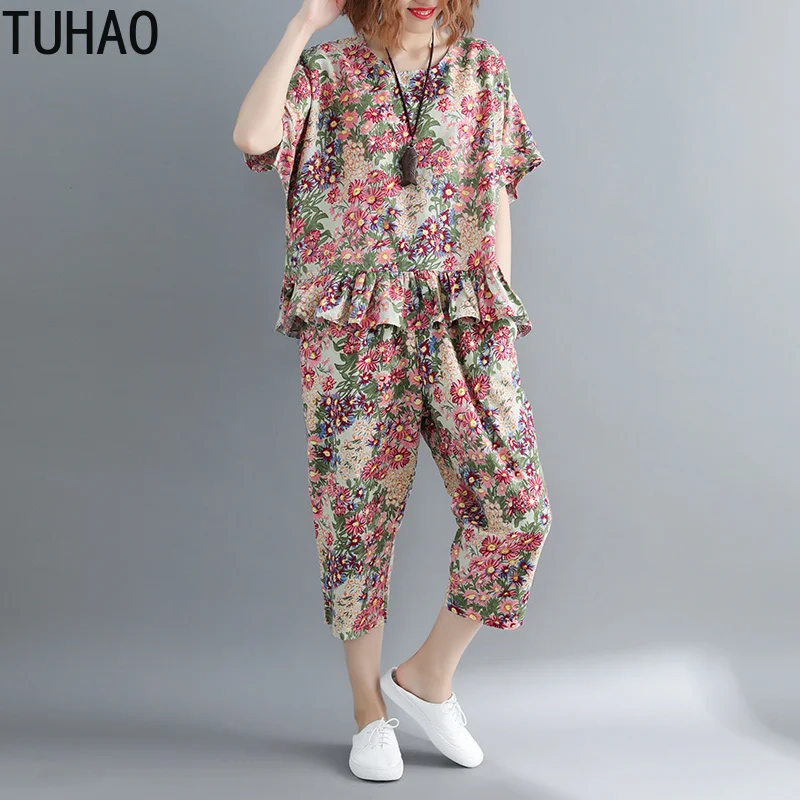 

TUHAO летние хлопковые льняные женские комплекты одежда с принтом комплект большого размера с топом и брюками винтажный костюм с оборками ком...