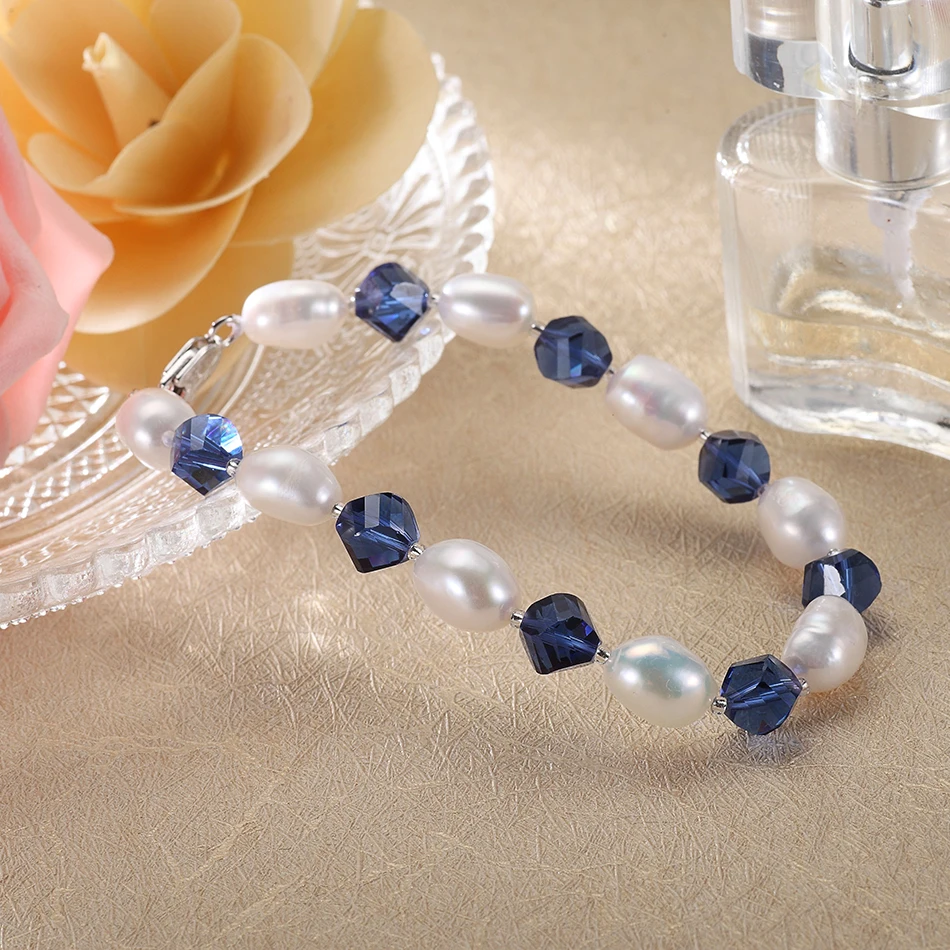 Женский браслет Feige из белого пресноводного жемчуга с синими кристаллами 7 8 мм