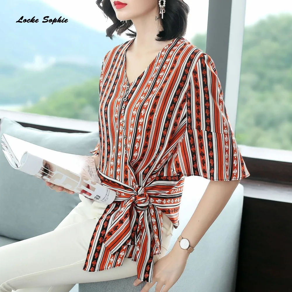 1pcs Ladies Plus size blouses tops 2019 Spring Fashion chiffon prints Mosaic V-neck Primer shirt women's Skinny Retro shirts |