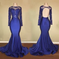 robe de soiree long sleeve backless scoop neckline royal blue satin sweep train prom dress formal evening gowns plus size