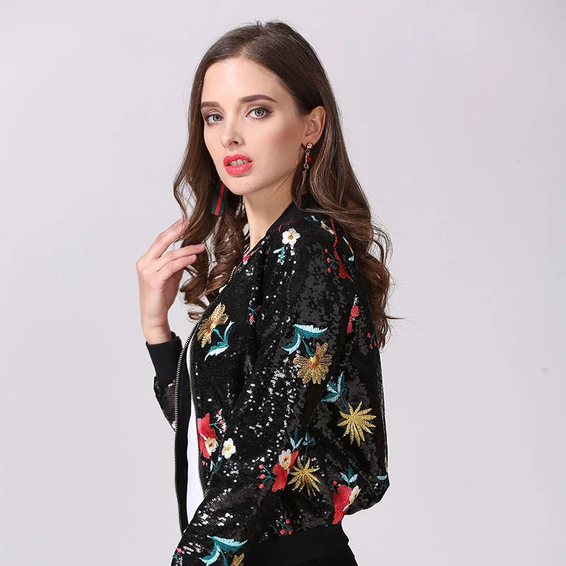 Повседневная куртка Новый осень 2017 г. стильная женщина блестками цветочный