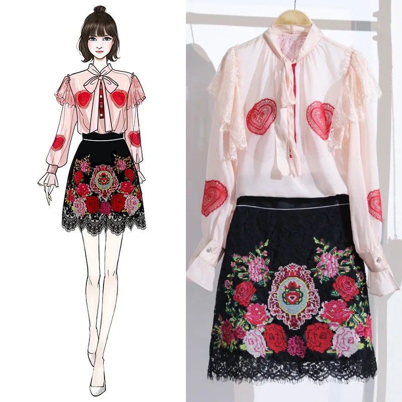 2018 Runway Women Lace Skirt Chic High Waist Floral Rose Embroidery Black Straight Mini Harajuku Falda Mujer | Женская одежда