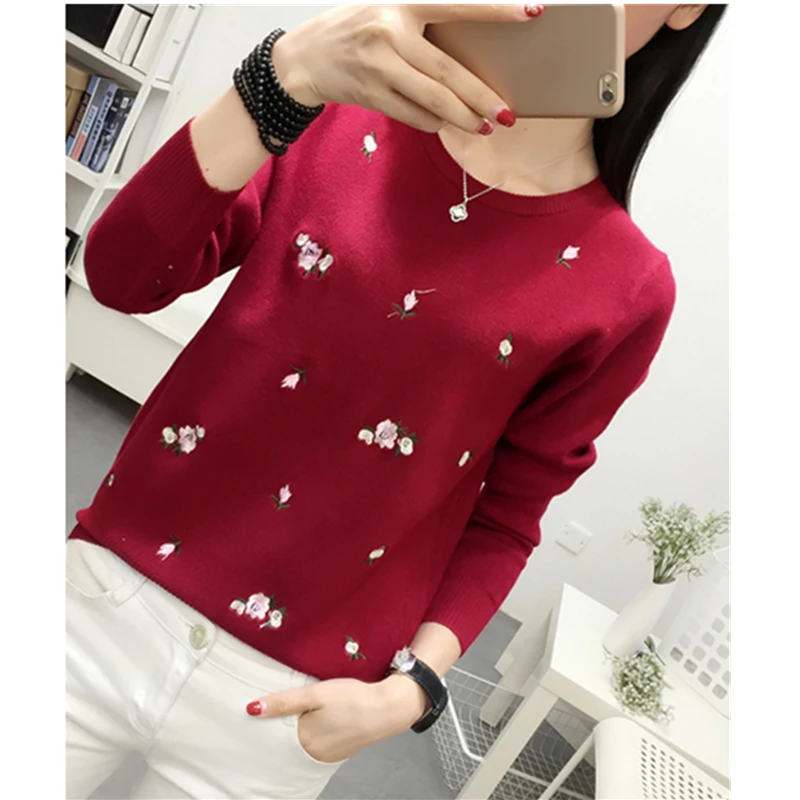 Pzlcxh 2017 Вышивка цветочный вязаный свитер для Для женщин зимние Свитера пуловеры