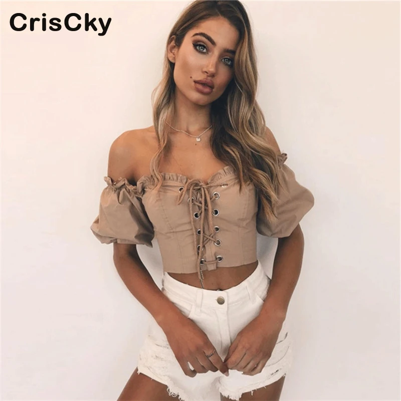 CRISCKY/Новинка женская футболка длинный рукав фонарик с оборками короткие женские