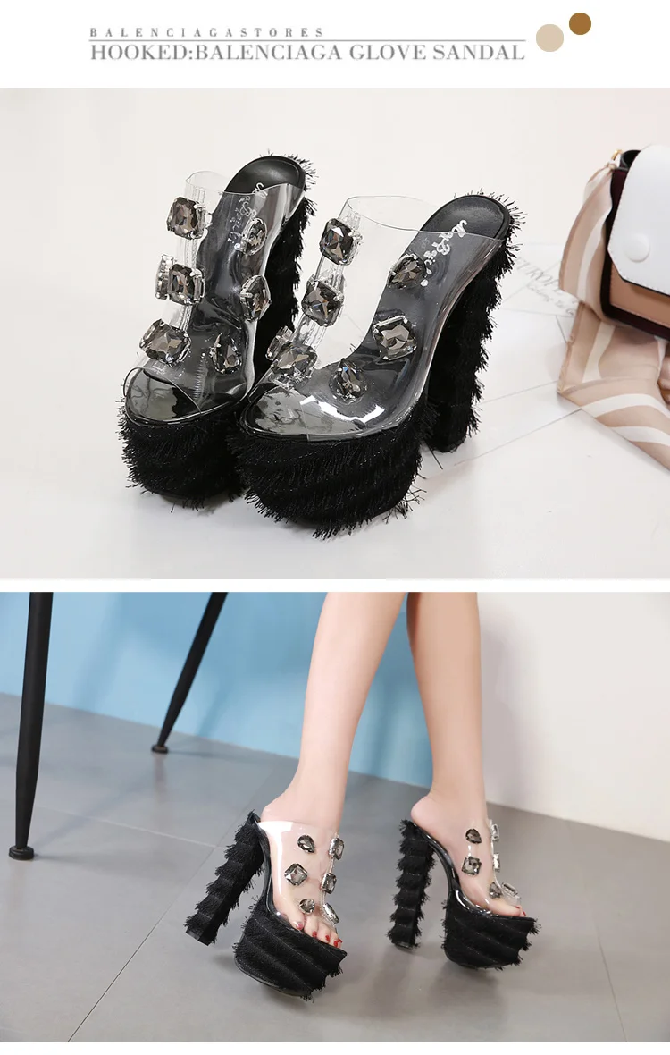 PVC High Heel Sandals Women Faux Fur Sexy Gladiator Sandals Women Thick Heel Transparent Rhinestone Glass Stone Platform Sandal