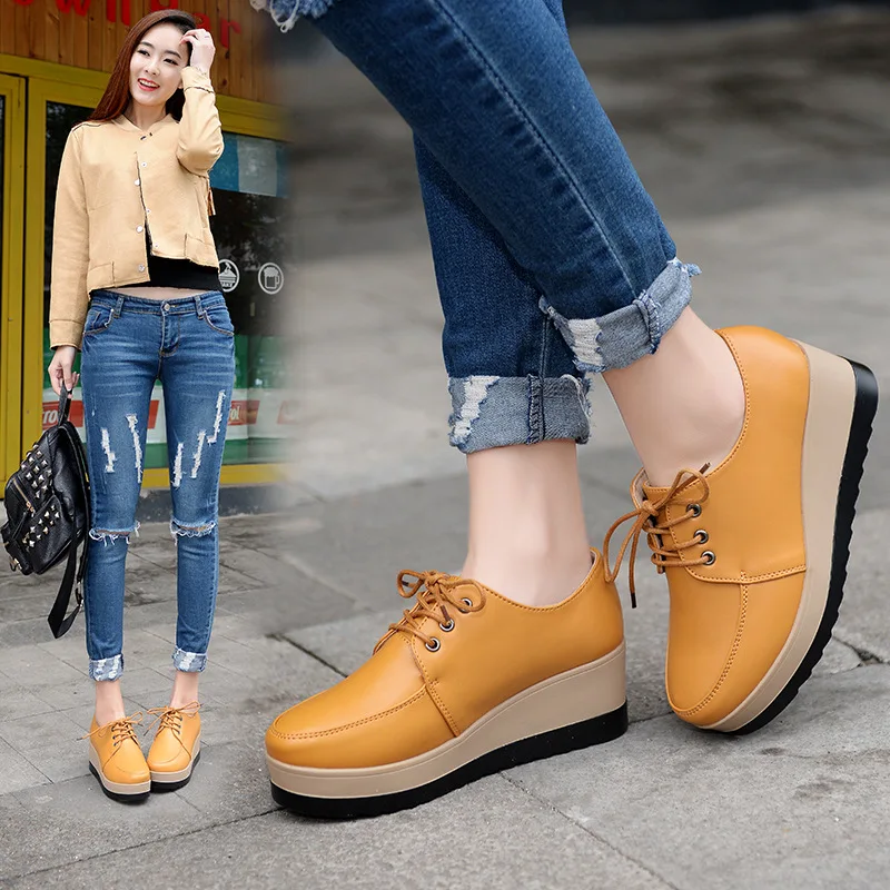 Krasovki Small Leather Shoes Spring Autumn Belt Thick Bottom Dropshipping Fashion Muffin Casual Women Singles | Обувь