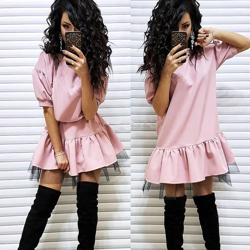 Женское повседневное кружевное лоскутное прямое платье с коротким рукавом и