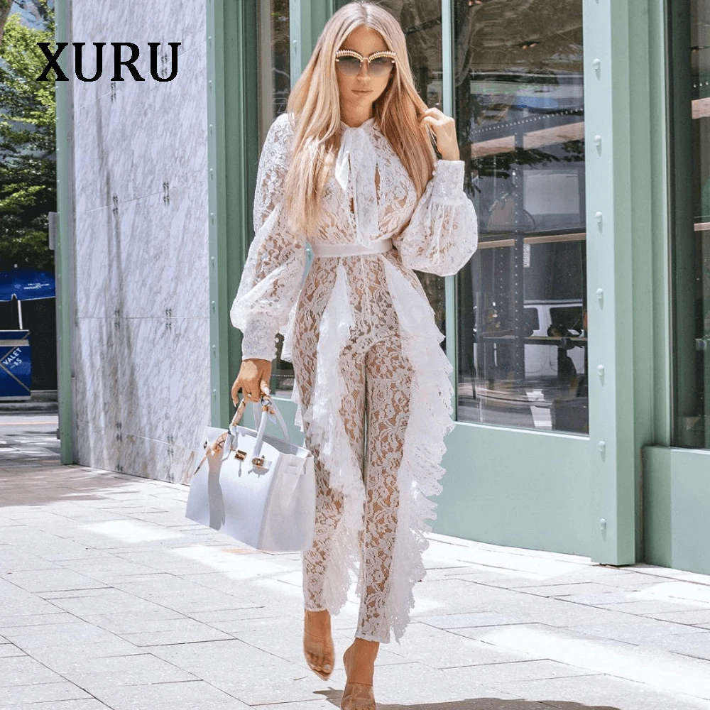XURU белый кружевной женский комбинезон, сексуальный, прозрачный, с оборками, с бантом, длинный рукав, комбинезон, вечерние, Клубные костюмы