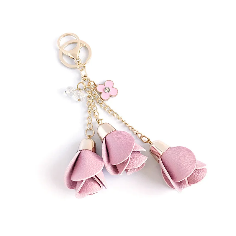 lightpink 18 цветов Шарм кожаный цветок розы брелки милые кисточкой цветок брелки для женщин сумка кошелек кулон ювелирные изделия - Цвет: lightpink