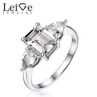 Leige Jewelry Green Amethyst Ring With White Topaz Emerald Cut Sterling Silver 925 Engagement Rings for Women Christmas Gift