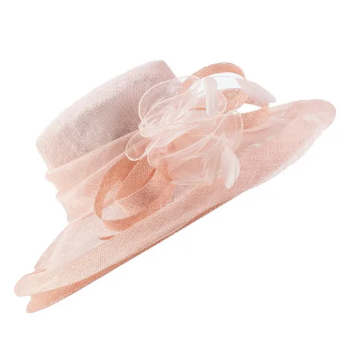 Pink Женские шляпы с широкими полями, Sinamay, женские шляпы с перьями, лента, церковные шляпы для Кентукки, Дерби, Коктейльная Свадебная вечеринка - Цвет: Pink