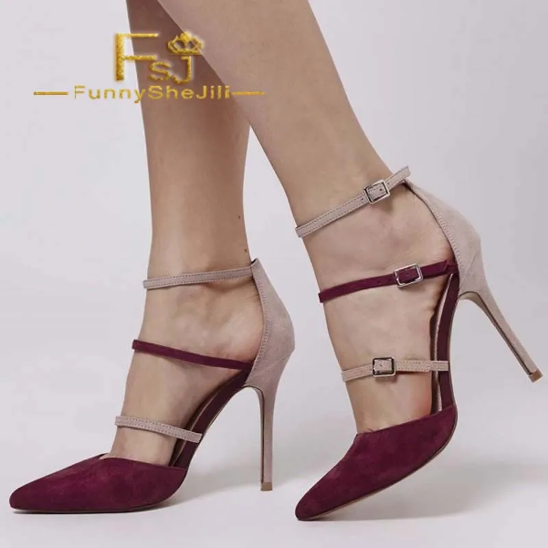 

Maroon and Nude Pointy Toe Stiletto Heels Buckles Strappy Pumps Attractive Incomparable Generous Noble Fashion FSJ Elegant Sexy