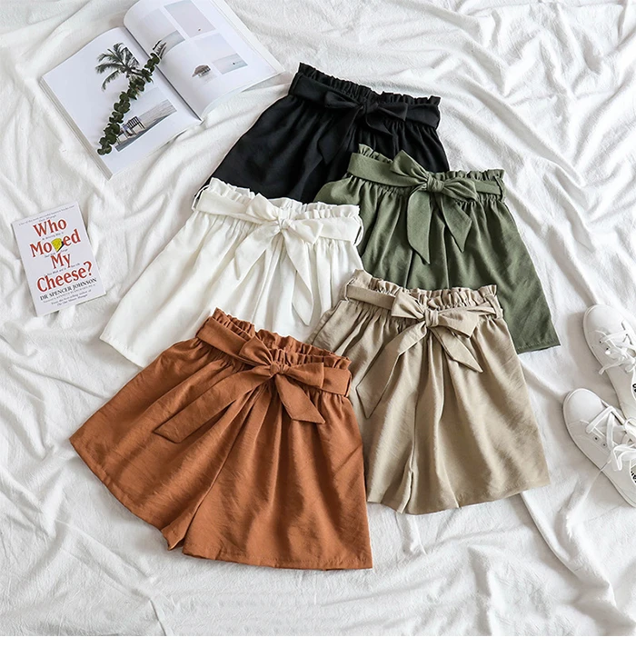 TIGENA Summer Cool High Waist Shorts Women Korean Bow Belt Elastic Waist Loose Shorts Female Pink Short Pants Ladies