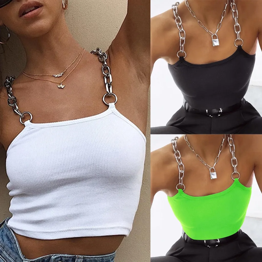 Сексуальные женские короткие топы, одноцветные, повседневные, без рукавов, летние, с цепочкой, на бретелях, топ, женский жилет, короткие майки, топы, блузка, камзол, футболка