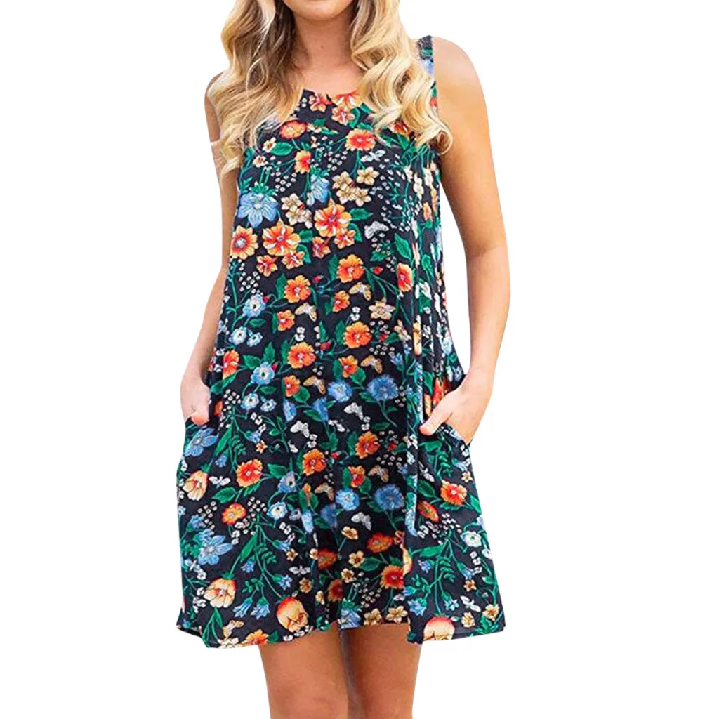 Пляжное женское платье в стиле бохо с цветочным принтом без рукавов винтажное