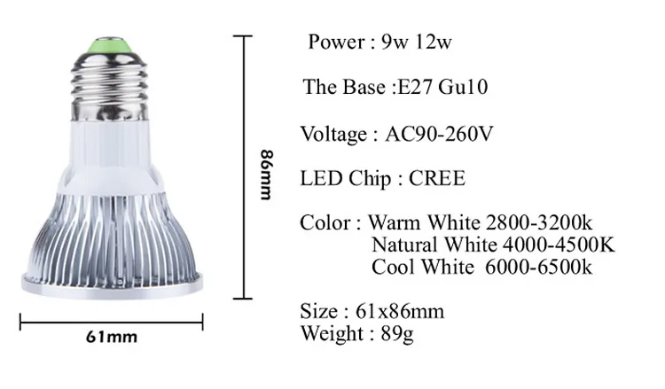 9w 12w E27 GU10 LED COB PAR20 прожектор потолочная лампа настенная холодный белый теплый AC