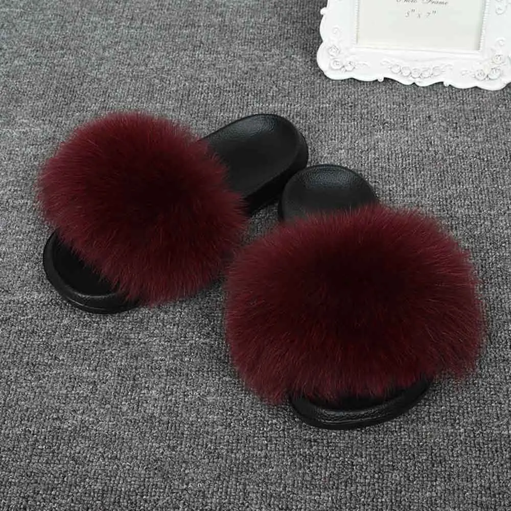 Wine Red Jancoco Max/модные шлепанцы с натуральным лисьим мехом; женские шлепанцы; летние пляжные сандалии; Вьетнамки с натуральным мехом; S6043 - Цвет: Wine Red
