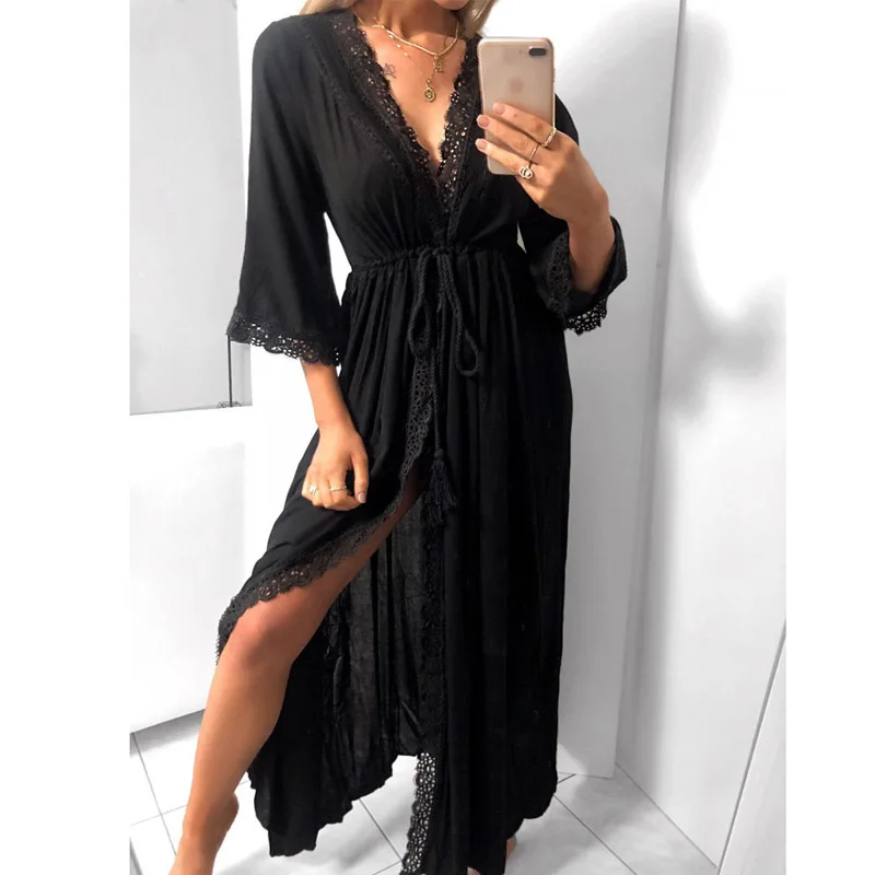 Для женщин s длинный халат мягкий выдалбливают Кружева связать талии