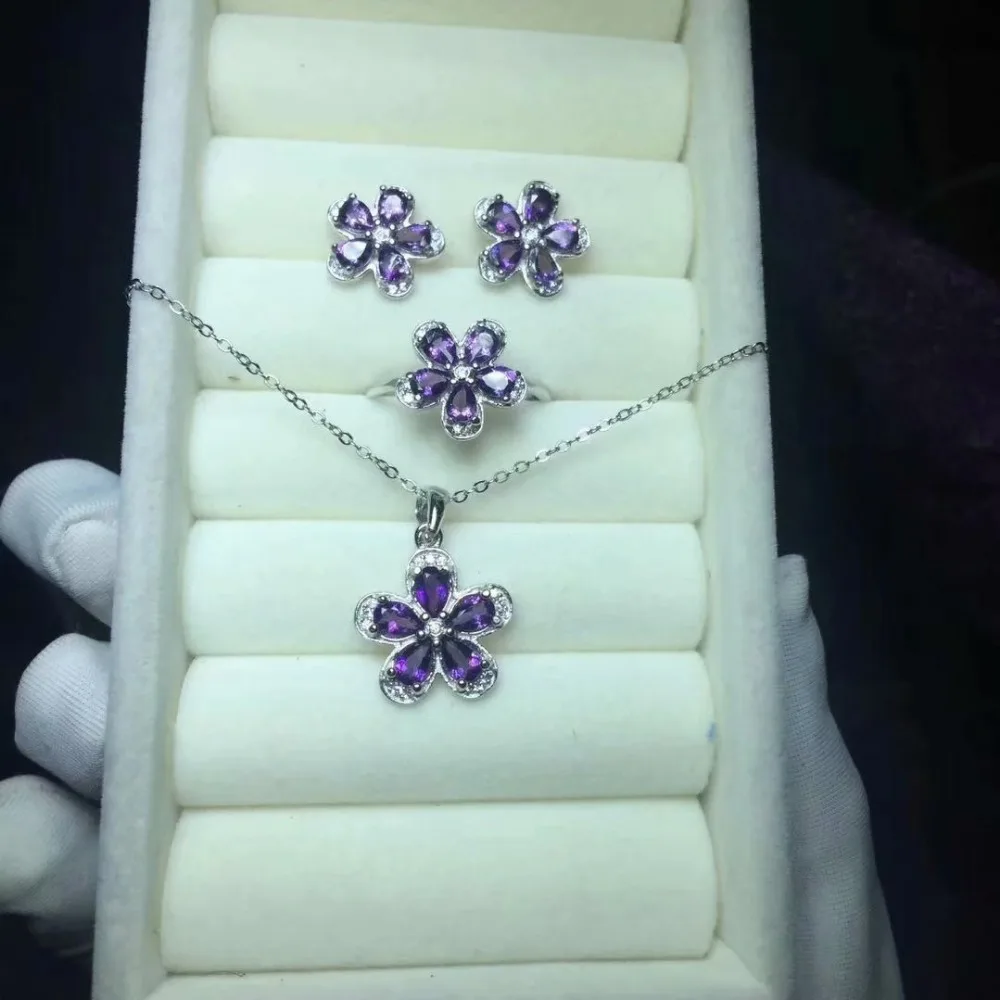 

Natural Amethyst Set Fashion rings, necklaces, earpins. The Stone of Love 925 silver, silver, white, rose gold. Wedding gift.