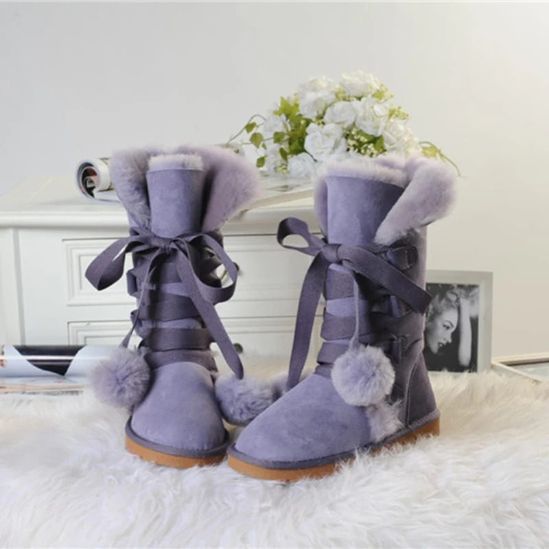 Purple 0 UVWP/модные высокие зимние сапоги; женские сапоги; высокие сапоги из натуральной овечьей кожи на шнуровке; теплые шерстяные зимние сапоги с натуральным мехом - Цвет: Purple 0