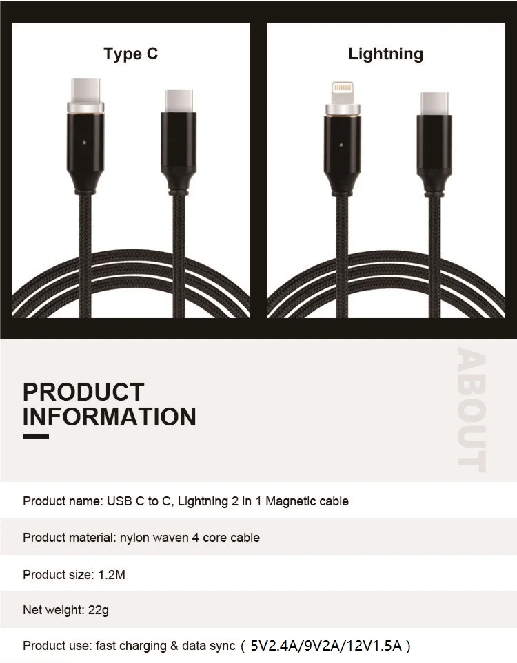 3 в 1 USB C Магнитный type-C-type-C/Lightning/MicroUSB кабель для быстрой зарядки для iPhone XS Max XR, Xiaomi Mix, huawei mate Pro