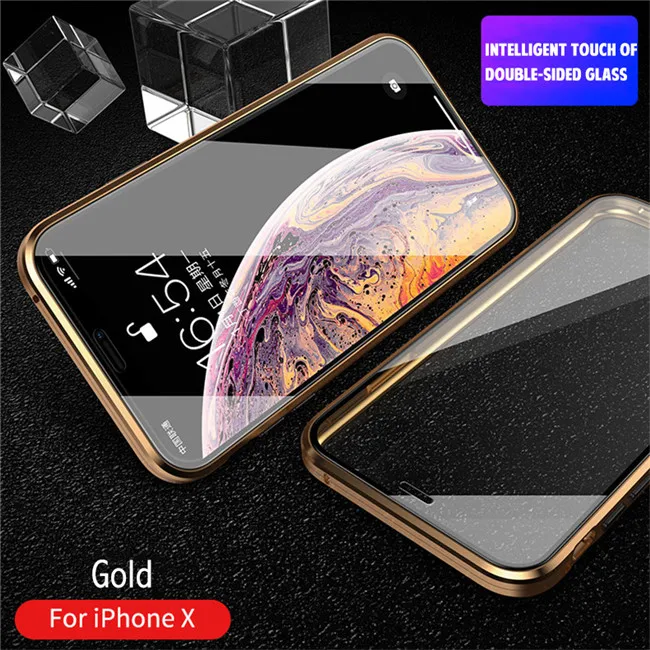 Обновленный металлический магнитный чехол для iPhone X, XR, XS MAX, высококачественный двойной чехол из закаленного стекла на магните для iPhone 7, 8, 6, 6s Plus - Цвет: Gold