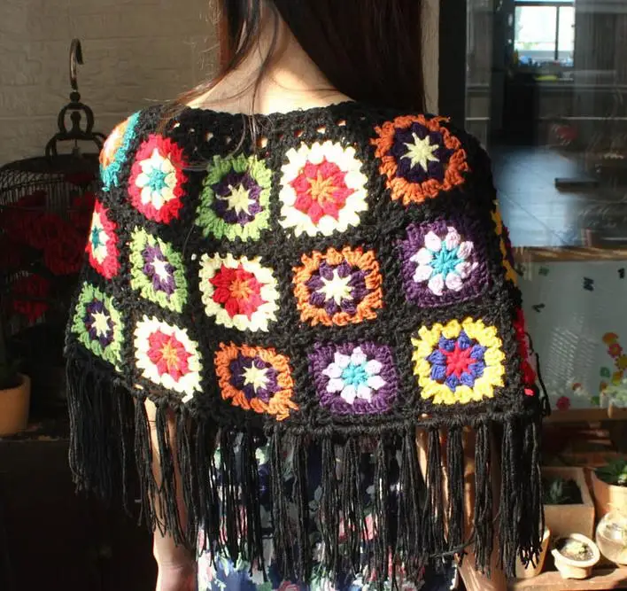 

DIY black flower tassels 55*55cm scafts cushion carpet Hand hooked fashion crochet blanket cushion felt pastoral style gift