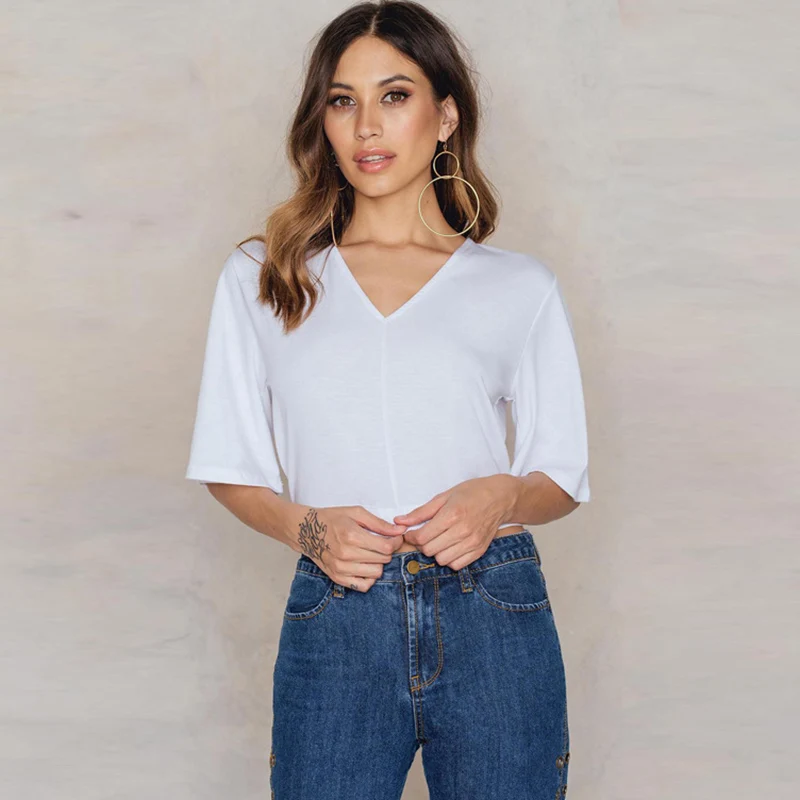 Однотонные хлопковые футболки с v-образным вырезом Женская Сексуальная футболка