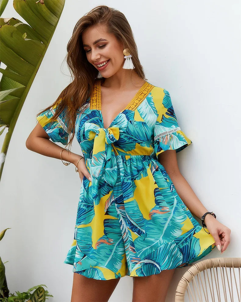 2019 Women Summer Mini Dress Printed Deep V Neck Playsuit A-Line Vintage Vestidos De Fiesta Beach Night Club | Женская одежда