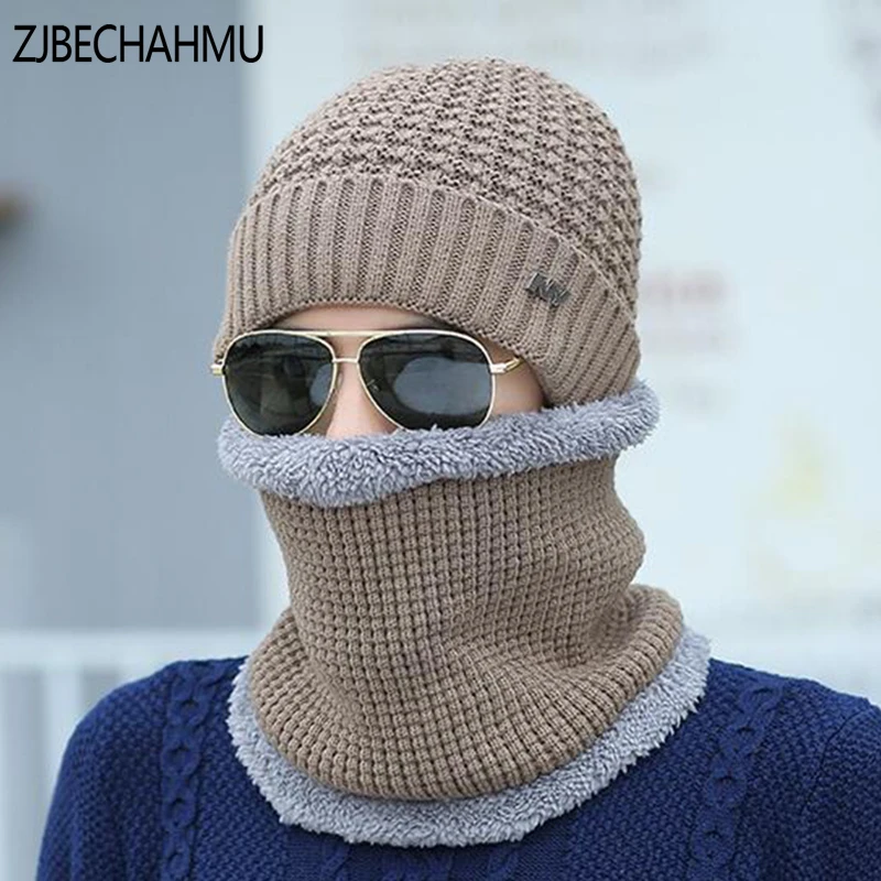 Повседневное зимняя вязаная шапка бини для мужчин шарф Skullies вязаные шапочки
