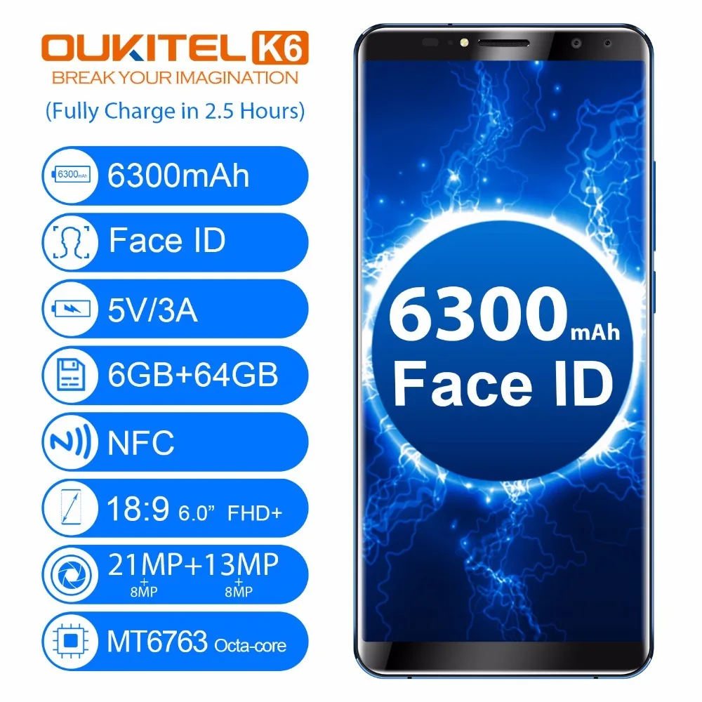 Оригинальный Oukitel K6 смартфон 6 0 &quotMTK6763 Octa Core Android 7 1 ГБ Оперативная память 64 Гб