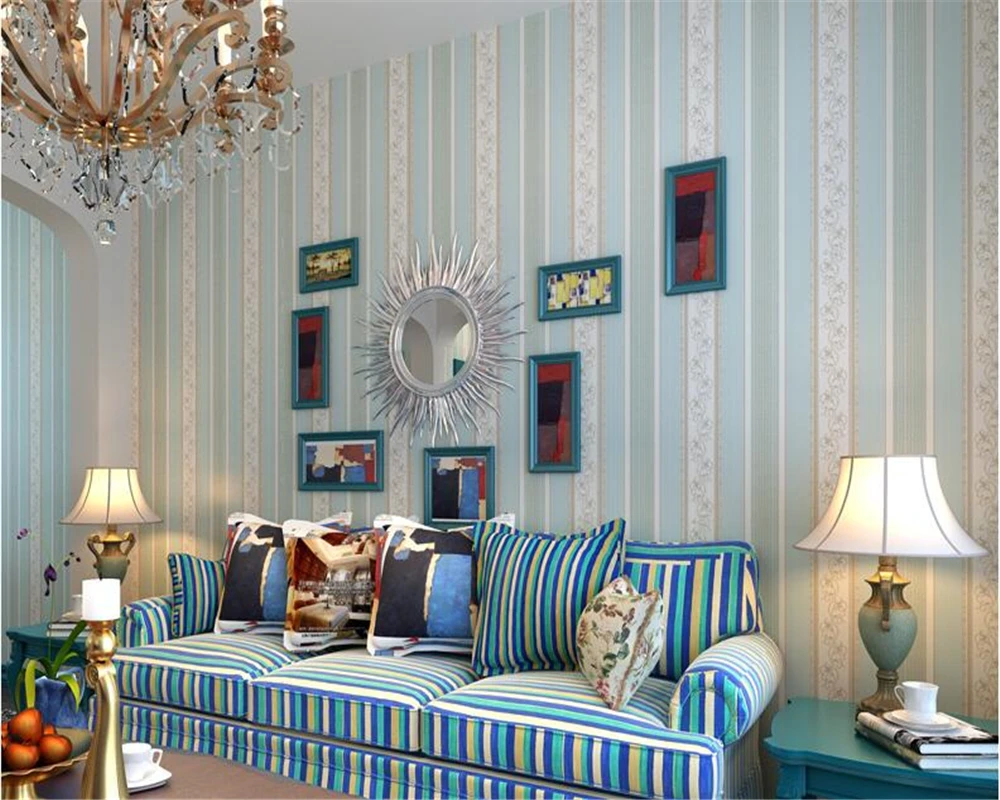 

beibehang Mediterranean striped vintage non-woven papel de parede wallpaper gold living room sofa wall paper tv background blue