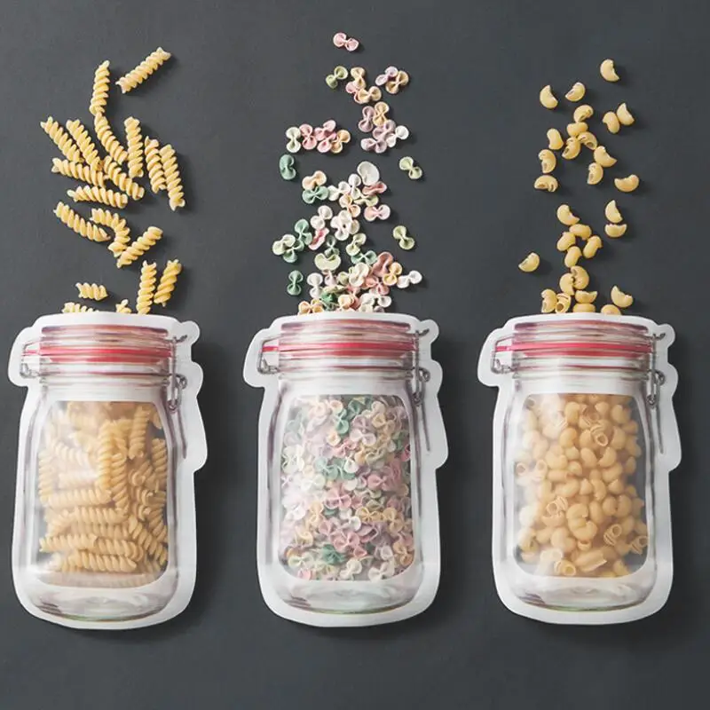 

Mason Jar Shaped Food Container Plastic Safe Zippers Storage Bags Reusable Eco Friendly Snacks Bag LX6373