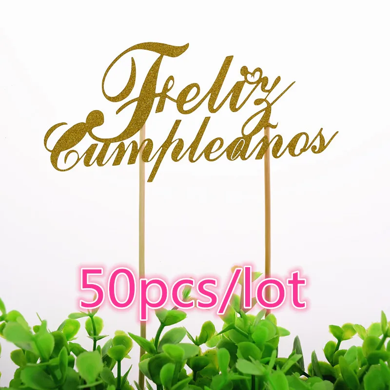 50 шт./лот оптовая продажа Spainish Feliz Cumpleanos торт флаг Топпер С Днем Рождения Блеск