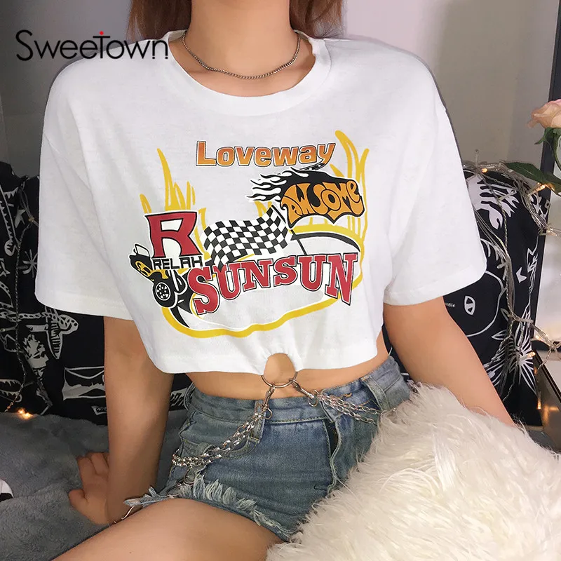 Sweetown Moto& Biker панк футболка женская с металлической цепочкой Лоскутная Повседневная футболка оверсайз короткий рукав шикарный принт графическая футболка