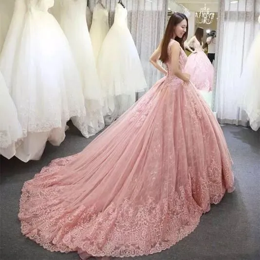 Vestido de Noiva/2021 Robe De Mariee Розовое свадебное платье принцессы без рукавов Кружевное