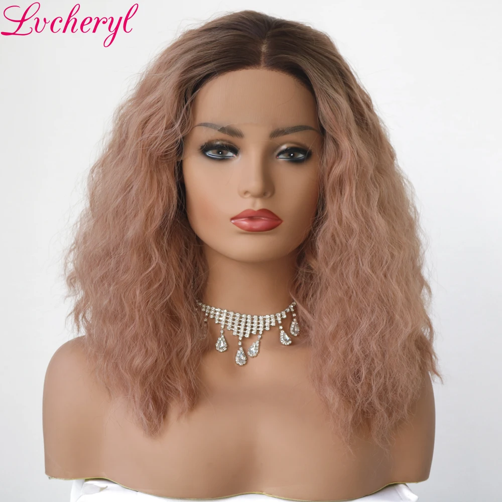 Lvcheryl Омбре темные корни персикового и розового цвета короткие вьющиеся волосы