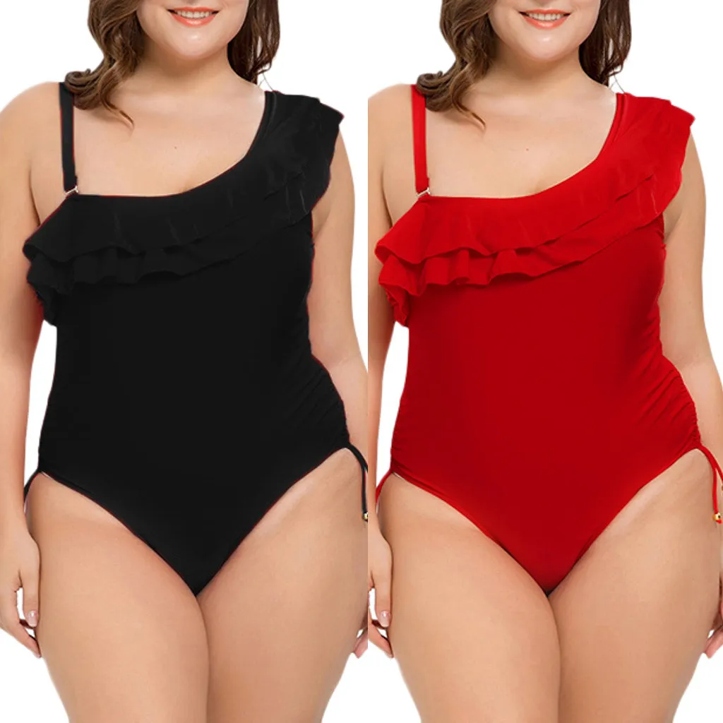Летний женский купальник большого размера 4XL сплошной цвет красный черный
