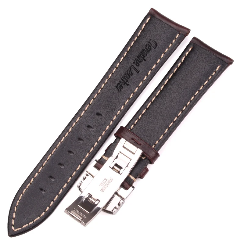 18-24mm Women Men Vintage Smooth Watch Band Strap Dark Brown Genuine Leather Bracelet Metal Butterfly Deployment Clasp Buckle