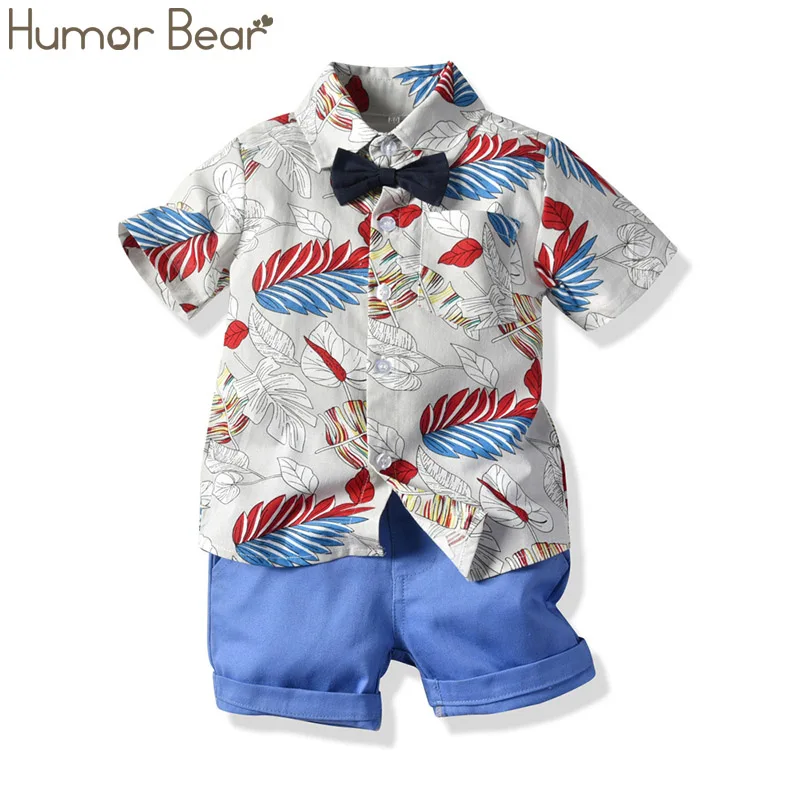 Небесно-голубой Humor Bear/Детский костюм Новинка года, летняя одежда для маленьких мальчиков футболка с короткими рукавами с принтом листьев+ повседневные шорты+ галстук-бабочка, детская одежда - Цвет: Небесно-голубой