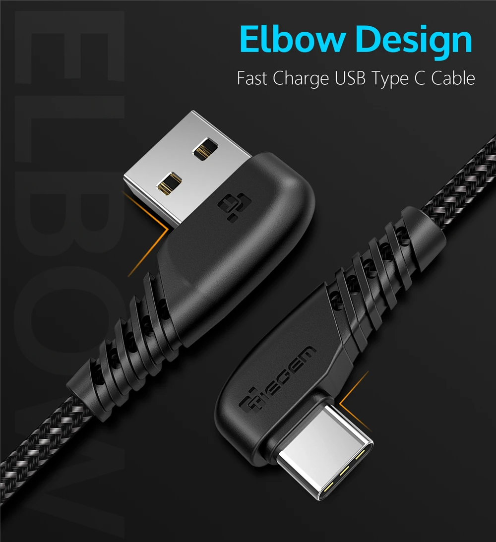 TIEGEM 90 градусов usb type C кабель 3A USB-C кабель type-C провод для быстрой зарядки для samsung S8 S9 S10 PLUS кабель для мобильного телефона 2 м 3 м